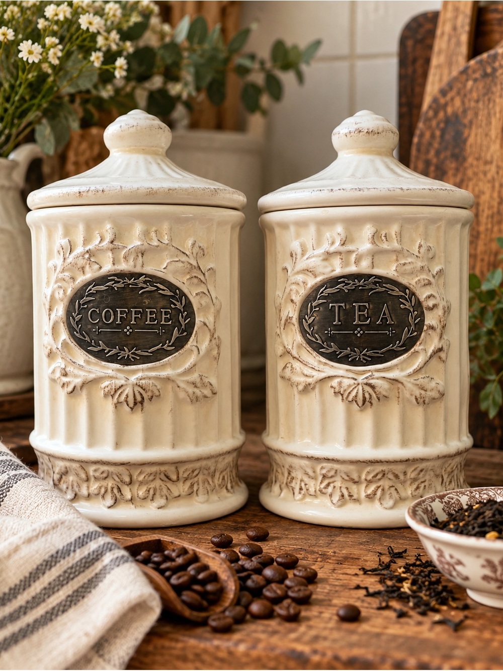 IdeaMarket Paris Coffee Tea Canister Set French Country Farmhouse Ceramic